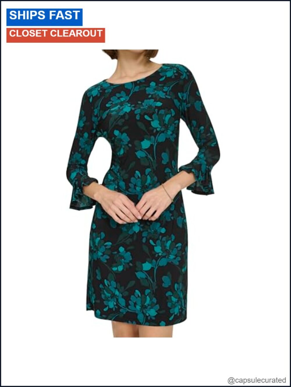 Tommy Hilfiger Womens Shift Dress 3/4 Ruffle Sleeve Jersey Sheath Work Dress